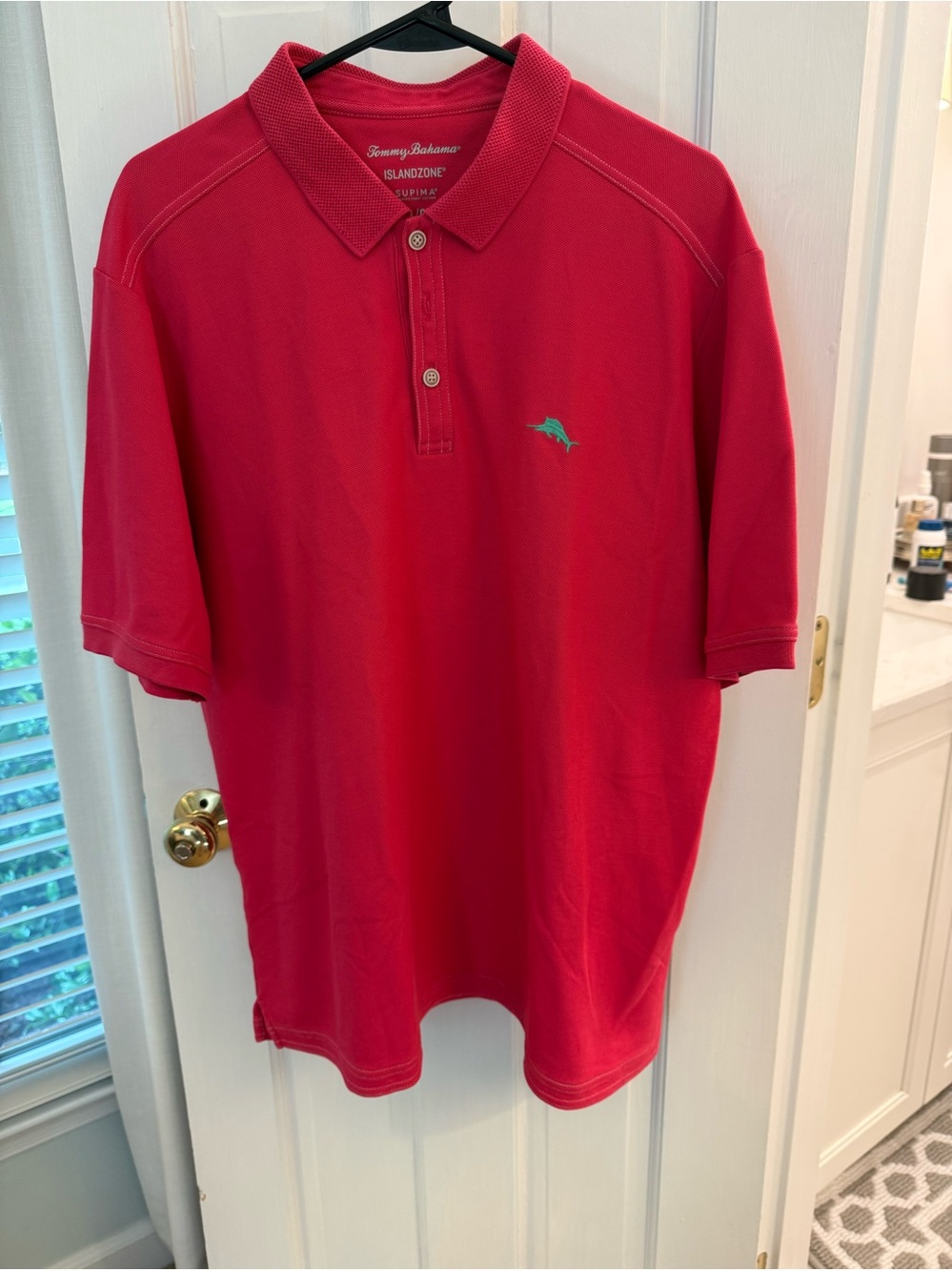 Tommy Bahama Red/Pink Polo with Teal Marlin Embroidery- L
